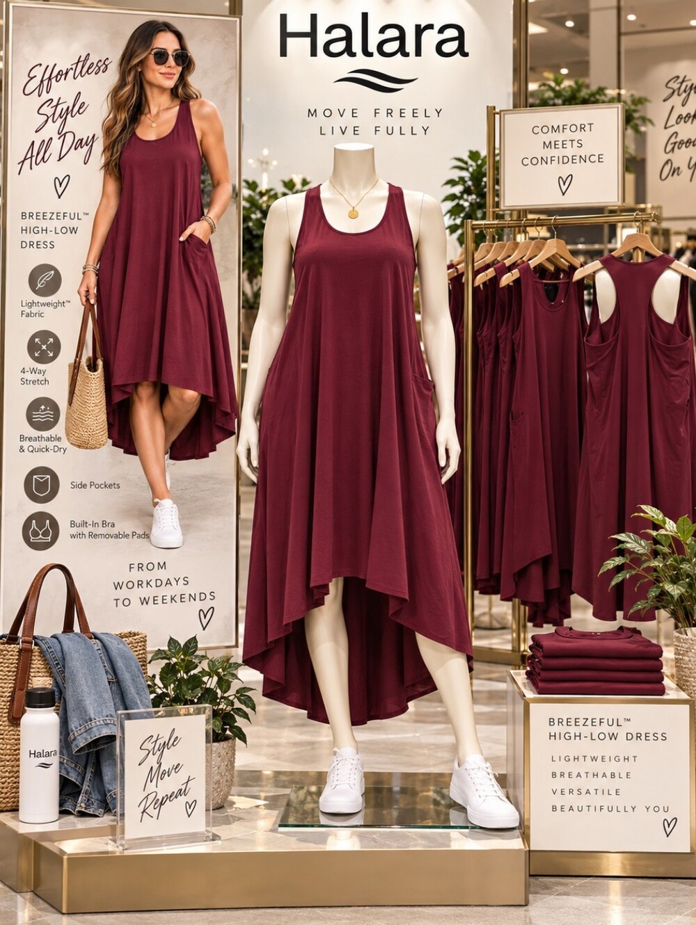 NWOT Halara Breezeful™ High-Low Flowy Midi Dress – Burgundy/Wine – Size L